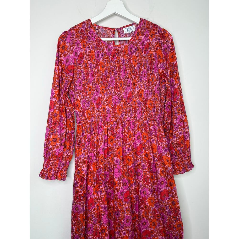 Pink City Prints Poppy Isabel Classic Smocked Floral Midi A-Line Dress Pink S - Picture 3 of 11